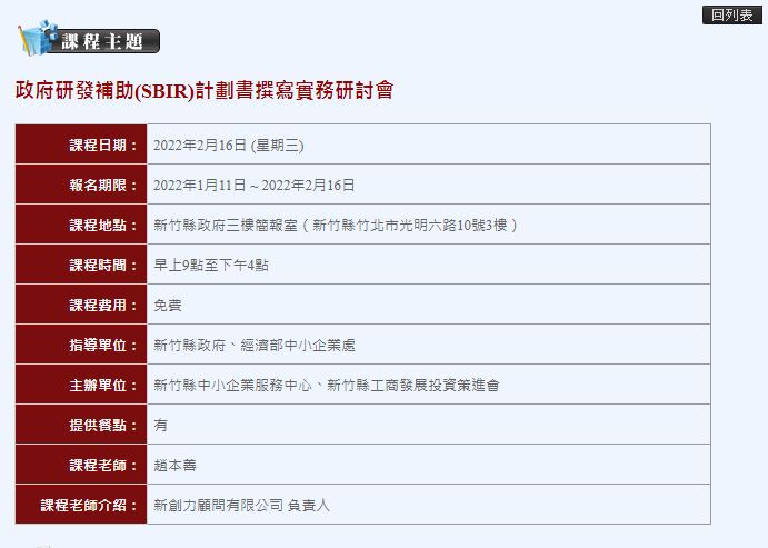 111年新竹縣工商投資策進會政府研發補助(SBIR)計劃書撰寫實務研討會