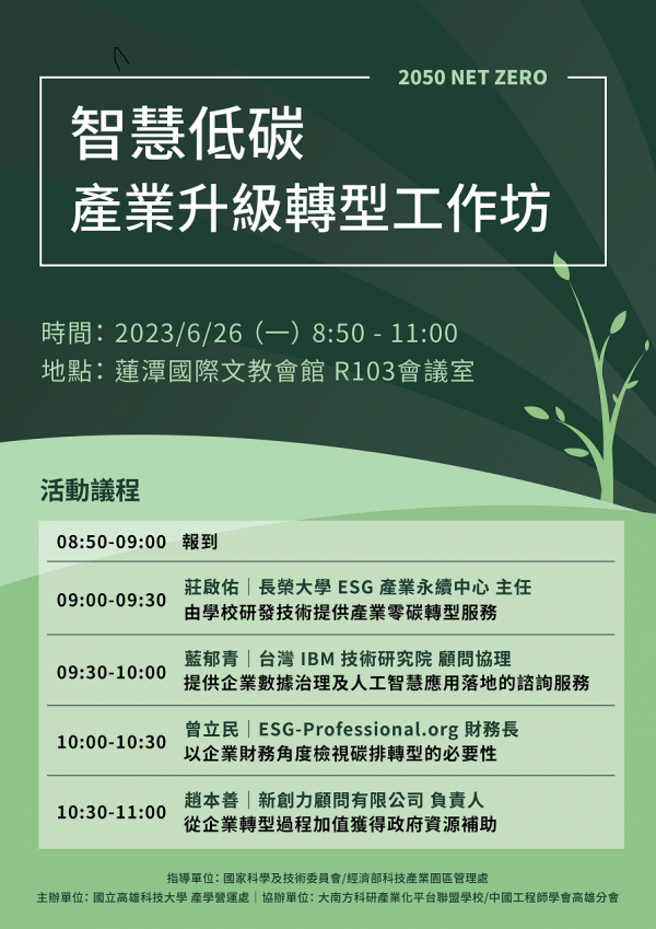 112年高雄科技大學智慧低碳產業升級轉型工作坊—政府資源補助與計畫撰寫技巧